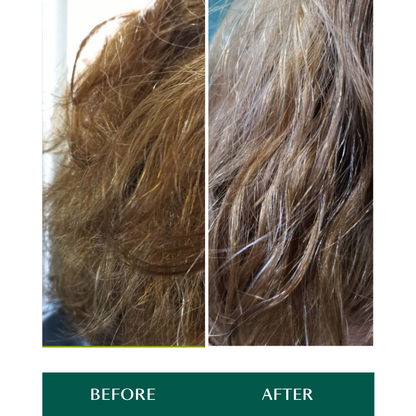 Before and after comparison of hair treatment from using Nourwish Airy Glow products. 