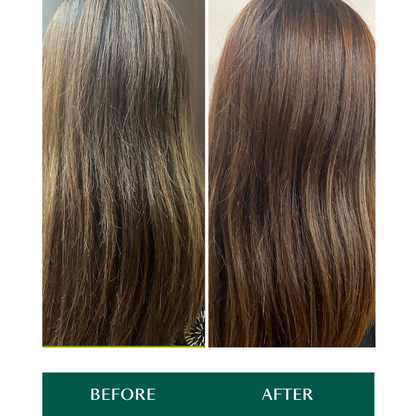 Before and after comparison of hair treatment from using Nourwish Airy Glow products. 
