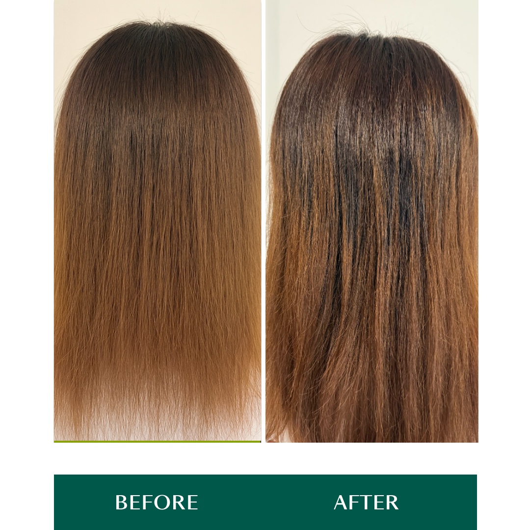 Before and after comparison of hair treatment from using Nourwish Airy Glow products. 