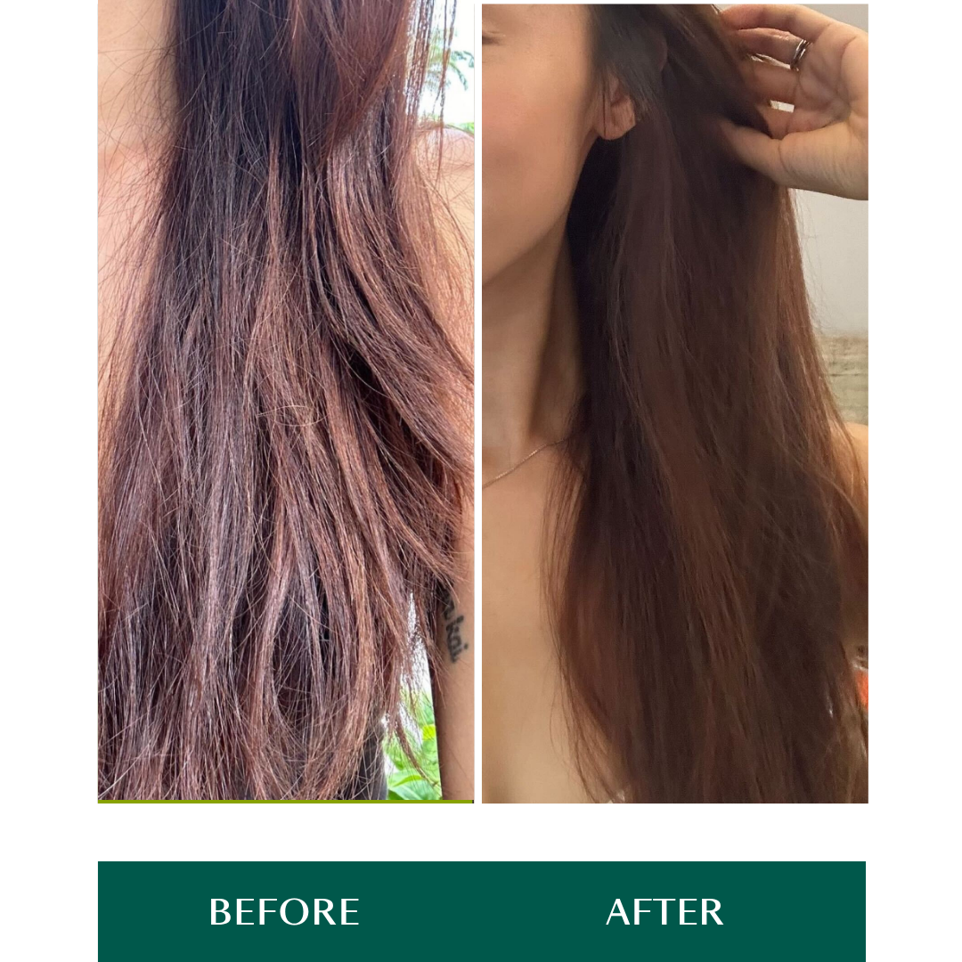 Before and after comparison of hair treatment from using Nourwish Airy Glow products. 